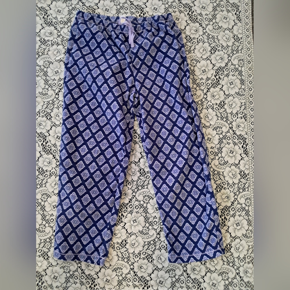 2 Pair Fleece Pants Sz L Lounge PJ Pants Blue & White Drawstring Waist Like NEW
